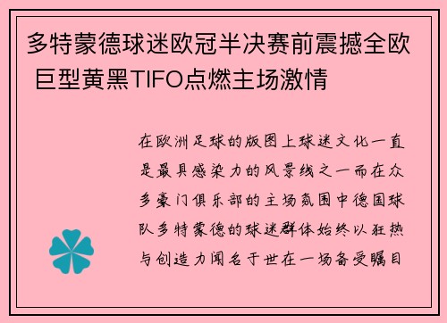 多特蒙德球迷欧冠半决赛前震撼全欧 巨型黄黑TIFO点燃主场激情